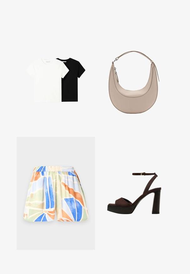 Twee t-shirts met korte mouwen, één wit en één zwart, gemaakt van katoen. Beide hebben een ronde halslijn en een eenvoudig, klassiek ontwerp.; Shorts gemaakt van lichte stof met een elastische tailleband. Heeft een multicolore geometrisch patroon in blauw, oranje, groen en beige.; Bruine suède high-heeled sandaal met een open teen, verstelbare enkelband en een gestreepte plateauzool.; Beige leren schoudertas met een halve maanvorm, een soepele textuur en een enkele gebogen handgreep. Voorzien van een ritssluiting en nette stiksels.