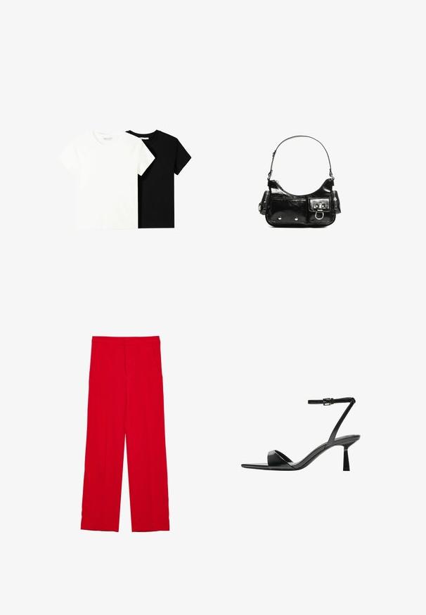 Zwei kurzärmelige T-Shirts, eines weiß und eines schwarz, aus Baumwolle. Beide haben einen runden Halsausschnitt und ein einfaches, klassisches Design.; Rote, weit geschnittene Hosen aus glattem Stoff, mit frontalen Taschen und einem maßgeschneiderten Finish ohne Verzierungen oder Muster.; Bershka High Heel Sandalette - black; Schwarze Lackleder-Handtasche mit geschwungenem Design, einem Schulterriemen, Vordertaschen und silberfarbenen Hardware-Akzenten.