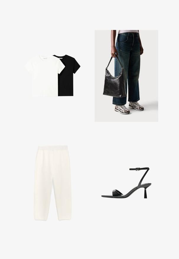 Dwa t-shirty z krótkim rękawem, jeden biały i jeden czarny, wykonane z bawełny. Oba mają okrągły dekolt i prosty, klasyczny design.; Białe, szerokie spodnie wykonane z gładkiego materiału. Posiadają miękki pas i boczne kieszenie, a także czysty, minimalistyczny design.; Bershka - Sandały na obcasie; Czarna skórzana torba na ramię o gładkiej fakturze i regulowanym pasku, w zestawieniu z wyblakłymi dżinsami typu wide-leg i sportowymi butami.
