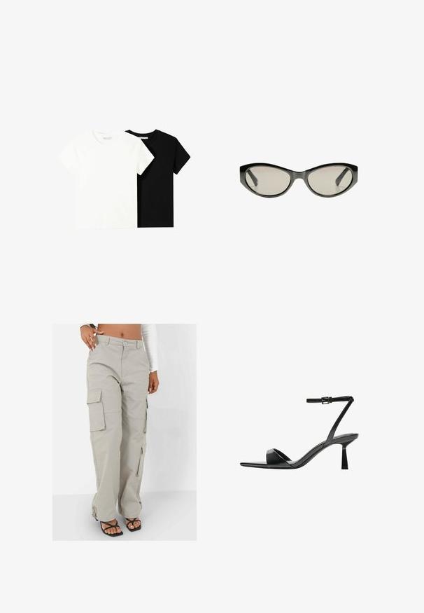Dwa t-shirty z krótkim rękawem, jeden biały i jeden czarny, wykonane z bawełny. Oba mają okrągły dekolt i prosty, klasyczny design.; Spodnie cargo w jasnym odcieniu beżu, wykonane z wytrzymałego materiału. Posiadają szerokie nogawki, wiele bocznych kieszeni oraz luźny krój z akcentami z metalowych elementów.; Bershka - Sandały na obcasie; Czarne okulary przeciwsłoneczne w kształcie kociego oka z szarymi, przyciemnionymi soczewkami. Plastikowa oprawka charakteryzuje się ostrymi krawędziami i gładkim, błyszczącym wykończeniem.