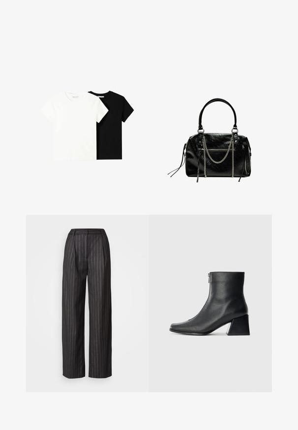 Dve tričko s krátkym rukávom, jedno biele a jedno čierne, vyrobené z bavlny. Obe majú okrúhly výstrih a jednoduchý, klasický dizajn.; Čierne nohavice s jemným prúžkom, širokého strihu, s prešívaným predným dielom a hladkým textúrou. Obsahujú pás a nemajú viditeľné vrecká.; Čierna kožená členková obuv so štvrcovým špičkou, bočným zipsom a blokovým podpätkom na jednoduchom svetlom pozadí.; Bershka WITH CHAIN - Kabelka - black
