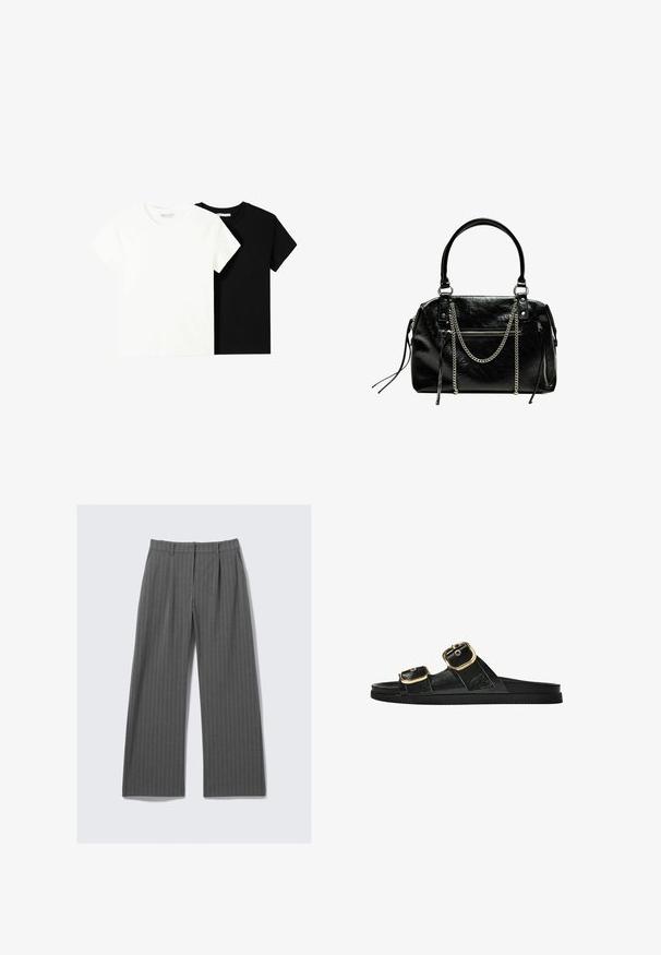 Deux t-shirts à manches courtes, l'un blanc et l'autre noir, en coton. Les deux présentent un col rond et un design simple et classique.; Pantalons à larges jambes rayés gris avec des plis avant et des passants de ceinture, posés à plat sur un fond blanc.; Sandale noire à glissière avec deux accents de boucle en or, en matériau lisse, semelle plate et design minimaliste.; Bershka WITH CHAIN - Sac à main - black