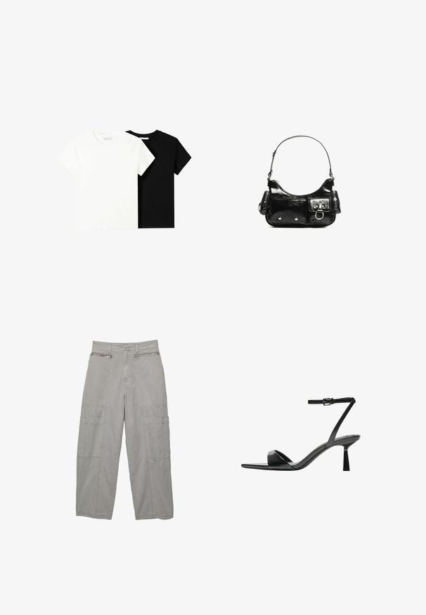 Twee t-shirts met korte mouwen, één wit en één zwart, gemaakt van katoen. Beide hebben een ronde halslijn en een eenvoudig, klassiek ontwerp.; Cargo-broeken van lichtgrijze stof, voorzien van meerdere grote zakken, ritszakken aan de voorkant en een relaxte, brede pasvorm.; Bershka Sandalen met hoge hak - black; Zwarte laarzen in lakleer met een gebogen vorm, één schouderband, voorvakken en accenten in zilverkleurig metaal.