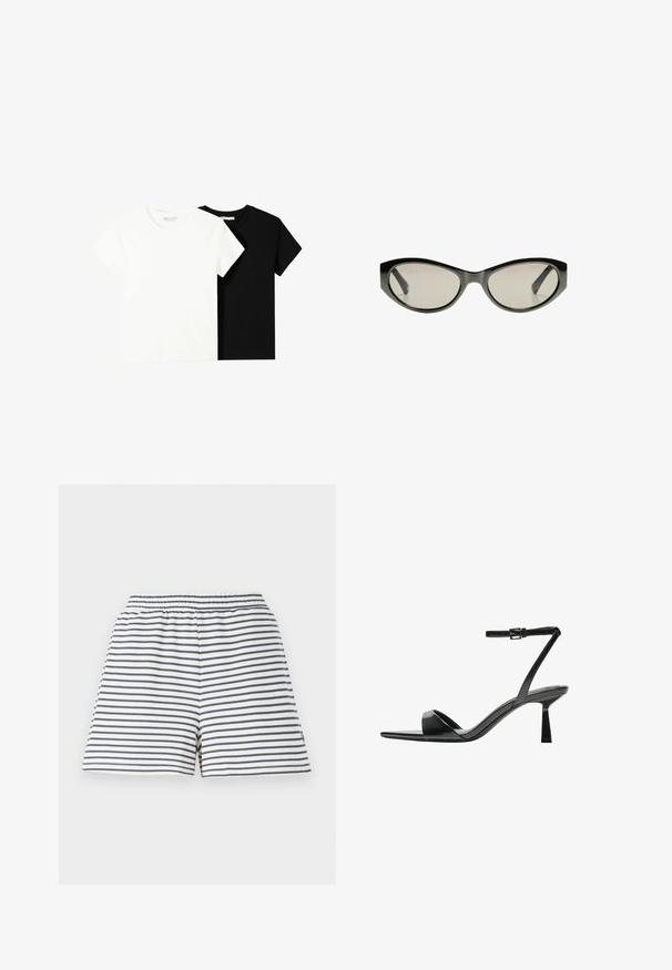 Kaksi lyhythihaista t-paitaa, yksi valkoinen ja yksi musta, valmistettu puuvillasta. Molemmissa on pyöreä kaula-aukko ja yksinkertainen, klassinen muotoilu.; Raitahousut, joissa on valkoinen ja laivastonsininen värimaailma, joustava vyötärö, pehmeä puuvillamateriaali ja rento istuvuus.; Bershka Korolliset sandaalit - black; Mustat kissakuvioiset aurinkolasit harmailla tummennetuilla linsseillä. Muovikehyksissä on terävät reunat ja sileä, kiiltävä pinta.