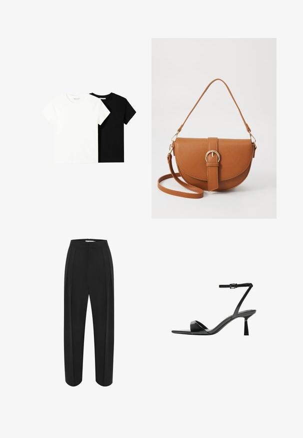 Dwa t-shirty z krótkim rękawem, jeden biały i jeden czarny, wykonane z bawełny. Oba mają okrągły dekolt i prosty, klasyczny design.; Czarne spodnie o szerokich nogawkach i wysokim stanie, z gładką teksturą i dwoma plisami z przodu. Zaprojektowane w czysty, dopasowany fason.; Bershka - Sandały na obcasie; Brązowa skórzana torba na ramię o zaokrąglonym kształcie, ze złotymi akcentami i zapięciem w formie klamry. Posiada odpinany pasek na ramię.