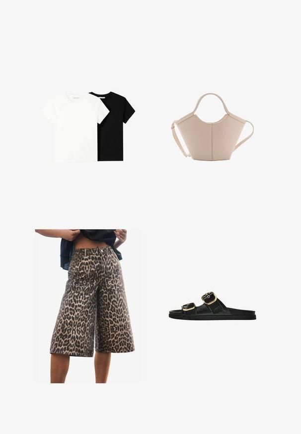 Zwei kurzärmelige T-Shirts, eines weiß und eines schwarz, aus Baumwolle. Beide haben einen runden Halsausschnitt und ein einfaches, klassisches Design.; Next JORT - Jeans Shorts - leopard print; Schwarze Riemensandale mit zwei goldenen Schnallendetails, glattem Material, flachem Sohlen und minimalistischer Gestaltung.; Beige Lederhandtasche mit einer einzigartigen Form, die zwei kurze Henkel und einen langen verstellbaren Riemen aufweist. Glatte Textur mit minimalen Hardware-Elementen.