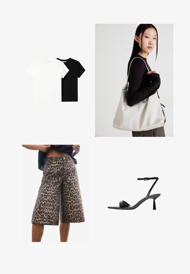 Två kortärmade t-shirts, en vit och en svart, tillverkade av bomull. Båda har en rund halsringning och en enkel, klassisk design.; Next JORT - Jeansshorts - leopard print; Bershka Sandaletter - black; Beige handväska tillverkad av mjukt material, med en avslappnad design, sydda detaljer och två axelremmar. Lämplig för dagligt bruk.