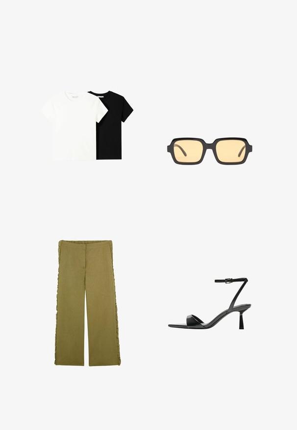 Twee t-shirts met korte mouwen, één wit en één zwart, gemaakt van katoen. Beide hebben een ronde halslijn en een eenvoudig, klassiek ontwerp.; Olijfgroene broek met wijde pijpen, gemaakt van een stevige stof, voorzien van volants aan de zijkanten en een elastische tailleband voor extra comfort.; Bershka Sandalen met hoge hak - black; Zwarte rechthoekige zonnebril met gele glazen, een lichtgewicht montuur en opvallende rechte randen op de temples. Gladde, glanzende afwerking.