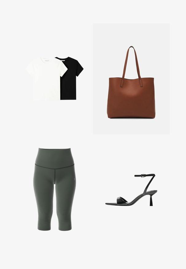 Twee t-shirts met korte mouwen, één wit en één zwart, gemaakt van katoen. Beide hebben een ronde halslijn en een eenvoudig, klassiek ontwerp.; Hoog zilveren, olijfgroene capri leggings van rekbare, gladde stof met platte naden en een klein logo aan de linkerkant.; Bershka Sandalen met hoge hak - black; Bruine leren tote bag met een gladde textuur, een ontwerp met een open bovenkant en twee schouderbanden. Kenmerkt zich door minimale stiksels en geen zichtbare hardware.