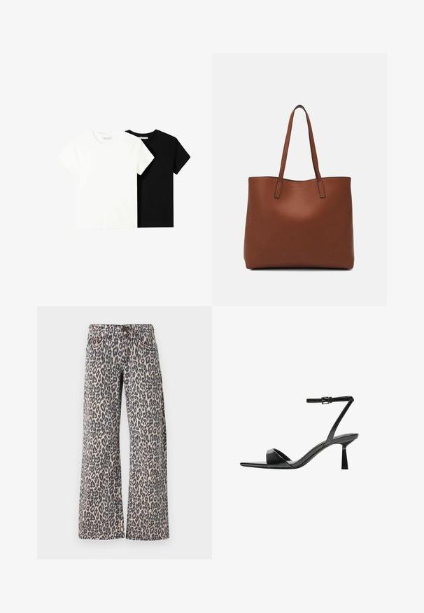 Două tricouri cu mânecă scurtă, unul alb și unul negru, fabricate din bumbac. Ambele au un guler rotund și un design simplu, clasic.; Blugi din denim cu imprimeu de leopard, cu un design cu picioare largi, având închidere cu nasture și mânere pentru curea. Materialul are o textură netedă.; Bershka Sandale cu toc - black; Geantă de umăr din piele maro cu o textură netedă, design cu vârf deschis și două curele pentru umăr. Prezintă cusături minime și fără componente metalice vizibile.