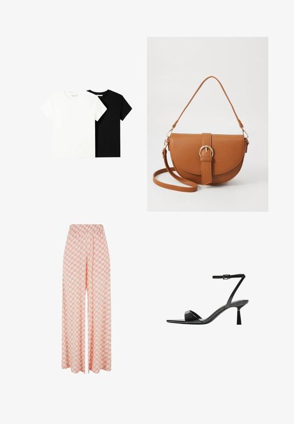 Két rövid ujjú póló, az egyik fehér, a másik fekete, pamutból készült. Mindkettő kerek nyakkivágással és egyszerű, klasszikus dizájnnal rendelkezik.; Világos rózsaszín, széles szárú nadrág, váltakozó árnyalatú kockás mintázattal, kényelmes rugalmas derékkal.; Bershka Magas sarkú szandálok - black; Barna bőr keresztbody táska ívelt formával, aranyszínű fémrészekkel és csat díszítéssel. Levehető vállpánttal rendelkezik.