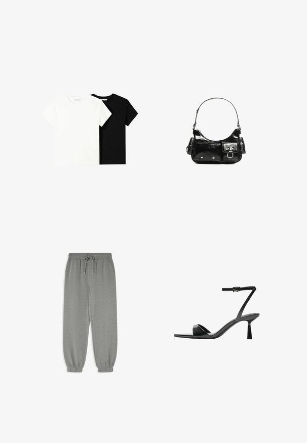 Zwei kurzärmelige T-Shirts, eines weiß und eines schwarz, aus Baumwolle. Beide haben einen runden Halsausschnitt und ein einfaches, klassisches Design.; Graue Jogginghosen mit tapered Schnitt, elastischem Bund und Kordelzug, seitlichen Taschen und elastischen Bündchen an den Knöcheln.; Bershka High Heel Sandalette - black; Schwarze Lackleder-Handtasche mit geschwungenem Design, einem Schulterriemen, Vordertaschen und silberfarbenen Hardware-Akzenten.