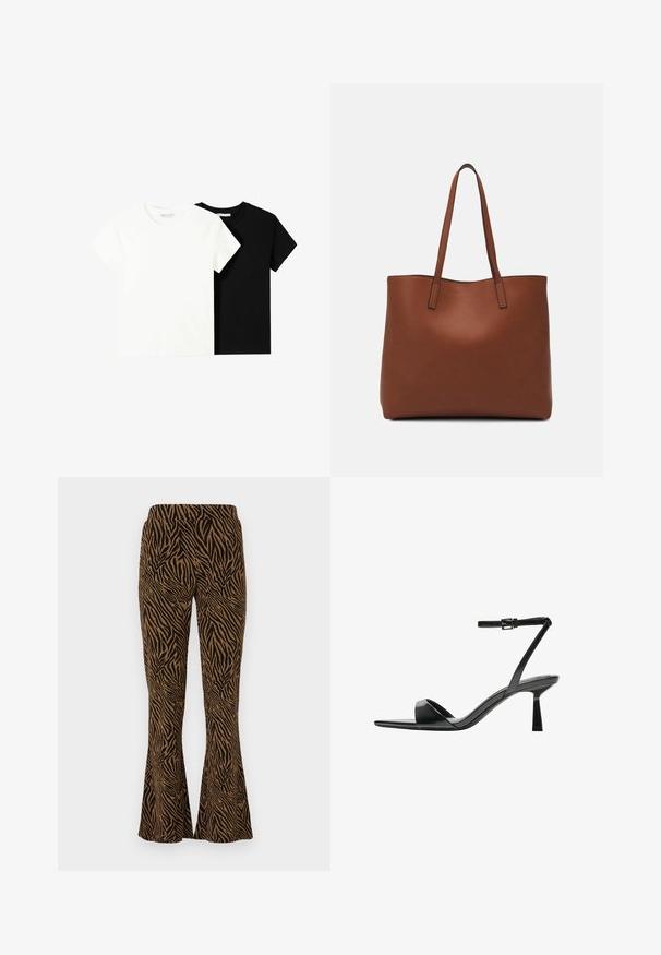 Dvě trička s krátkým rukávem, jedno bílé a jedno černé, vyrobené z bavlny. Obě mají kulatý výstřih a jednoduchý, klasický design.; Rozšířené kalhoty v černobílem zebrovém vzoru, vyrobené z texturovaného materiálu. Mají elastický pas a sahají až k kotníkům.; Bershka Sandály na vysokém podpatku - black; Hnědá kožená taška přes rameno s hladkou texturou, otevřeným designem a dvěma ramenními popruhy. Obsahuje minimální švy a žádné viditelné kovové prvky.
