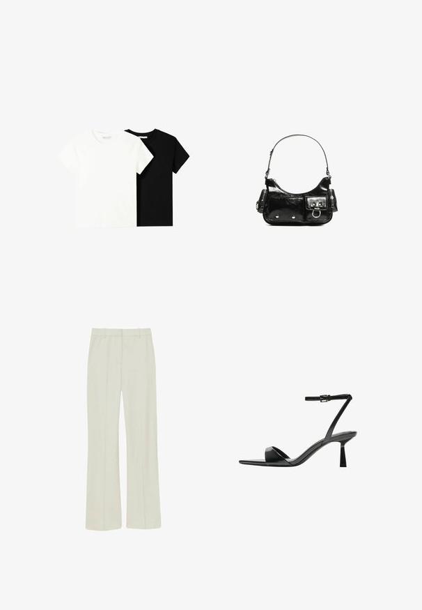 Dve tričko s krátkym rukávom, jedno biele a jedno čierne, vyrobené z bavlny. Obe majú okrúhly výstrih a jednoduchý, klasický dizajn.; Svetlo béžové nohavice vyrobené z hladkej tkaniny, s rovnými nohavicami, s prešívaním na prednej strane a štandardným pásom s pútkami na opasok.; Bershka Sandále na vysokom opätku - black; Čierna laková kožená kabelka s ohnutým tvarom, jedným ramenným popruhom, prednými vreckami a striebornými kovovými doplnkami.