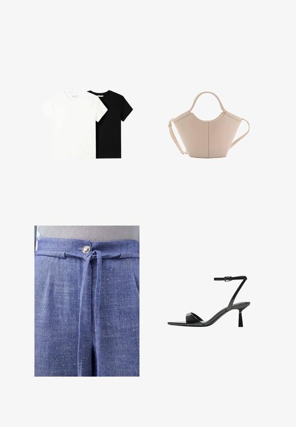 Zwei kurzärmelige T-Shirts, eines weiß und eines schwarz, aus Baumwolle. Beide haben einen runden Halsausschnitt und ein einfaches, klassisches Design.; Blaue Stoffhosen mit strukturierter Oberfläche, ausgestattet mit einem gebundenen Bund, einem silbernen Knopf und verstreuten hellen Punkten.; Bershka High Heel Sandalette - black; Beige Lederhandtasche mit einer einzigartigen Form, die zwei kurze Henkel und einen langen verstellbaren Riemen aufweist. Glatte Textur mit minimalen Hardware-Elementen.