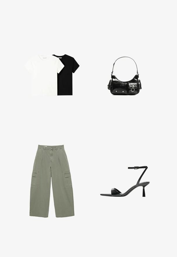 Due magliette a maniche corte, una bianca e una nera, realizzate in cotone. Entrambe presentano un colletto rotondo e un design semplice e classico.; Pantaloni cargo verde oliva con gambe larghe, dotati di due tasche laterali e chiusura con bottone. Realizzati in tessuto di cotone resistente.; Bershka Sandali con tacco - black; Borsa a spalla in vernice nera con forma curvata, una tracolla, tasche frontali e dettagli in metallo argentato.