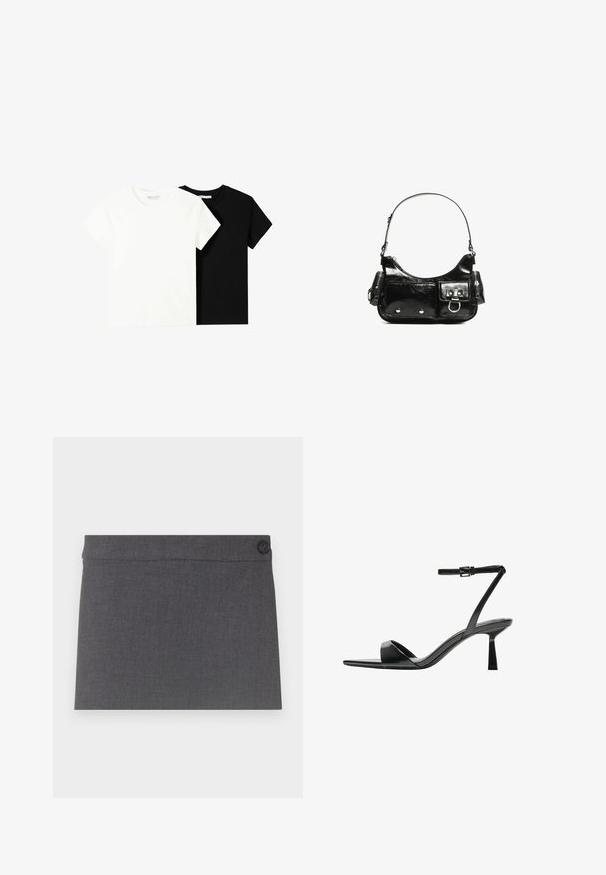 Zwei kurzärmelige T-Shirts, eines weiß und eines schwarz, aus Baumwolle. Beide haben einen runden Halsausschnitt und ein einfaches, klassisches Design.; Grauer Stoffrock mit glatter Textur, geradem Schnitt und einem einzelnen schwarzen Knopf am Taillenbund, mit einer klaren und einfachen Ästhetik.; Bershka High Heel Sandalette - black; Schwarze Lackleder-Handtasche mit geschwungenem Design, einem Schulterriemen, Vordertaschen und silberfarbenen Hardware-Akzenten.