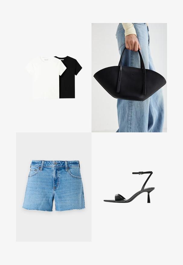 Zwei kurzärmelige T-Shirts, eines weiß und eines schwarz, aus Baumwolle. Beide haben einen runden Halsausschnitt und ein einfaches, klassisches Design.; Denim-Shorts in Hellblau, mit rohem Saum, Fünf-Taschen-Design und Messingknopfverschluss. Glatte Textur mit leichter Ausbleichung.; Bershka High Heel Sandalette - black; Schwarze Lederhandtasche mit einzigartiger Fächerform, ausgestattet mit flachen Griffen. Die Oberfläche hat eine genoppte Textur und ein minimalistisches Design.