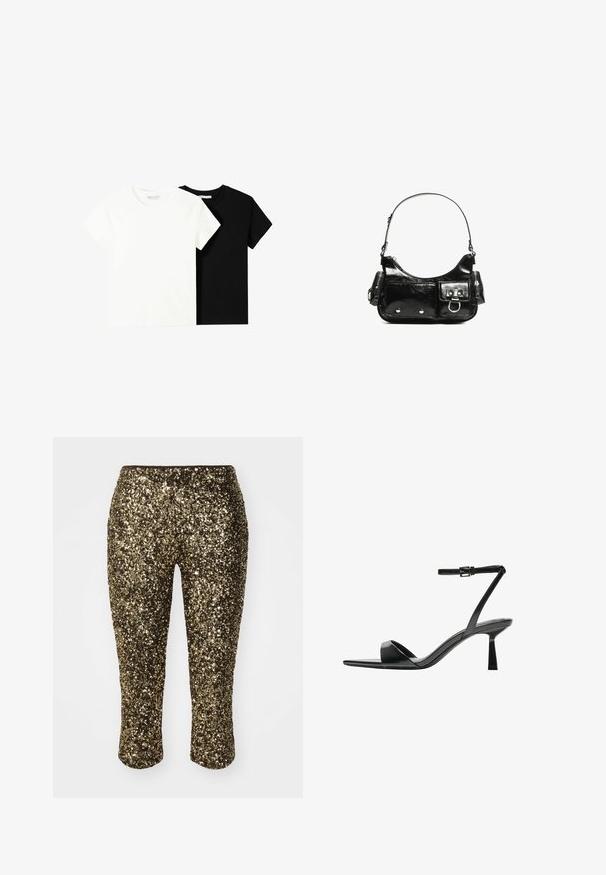 Dwa t-shirty z krótkim rękawem, jeden biały i jeden czarny, wykonane z bawełny. Oba mają okrągły dekolt i prosty, klasyczny design.; Złote kapri z cekinami o dopasowanym kroju i elastycznym pasie, z błyszczącą, teksturowaną powierzchnią, która mieni się w świetle.; Bershka - Sandały na obcasie; Czarna torebka z lakierowanej skóry o zaokrąglonym kształcie, z jednym paskiem na ramię, przednimi kieszeniami i akcentami w kolorze srebrnym.