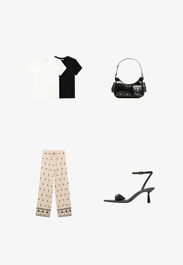 Twee t-shirts met korte mouwen, één wit en één zwart, gemaakt van katoen. Beide hebben een ronde halslijn en een eenvoudig, klassiek ontwerp.; Beige wijde broek met zwart palmbomenpatroon, elastische tailleband met trekkoord, en contrasterende gedessineerde afwerking aan de rand.; Bershka Sandalen met hoge hak - black; Zwarte laarzen in lakleer met een gebogen vorm, één schouderband, voorvakken en accenten in zilverkleurig metaal.