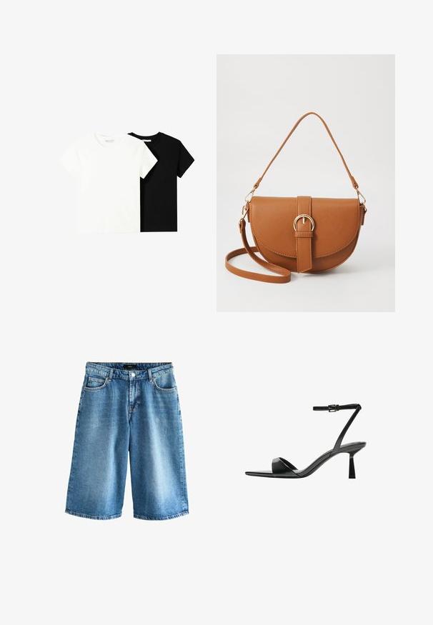 Dvě trička s krátkým rukávem, jedno bílé a jedno černé, vyrobené z bavlny. Obě mají kulatý výstřih a jednoduchý, klasický design.; Next Džínové kraťasy - dark blue; Bershka Sandály na vysokém podpatku - black; Hnědá kožená křížová taška s zakřiveným tvarem, zlatými detaily a akcentem s přezkou. Obsahuje odnímatelný popruh na rameno.