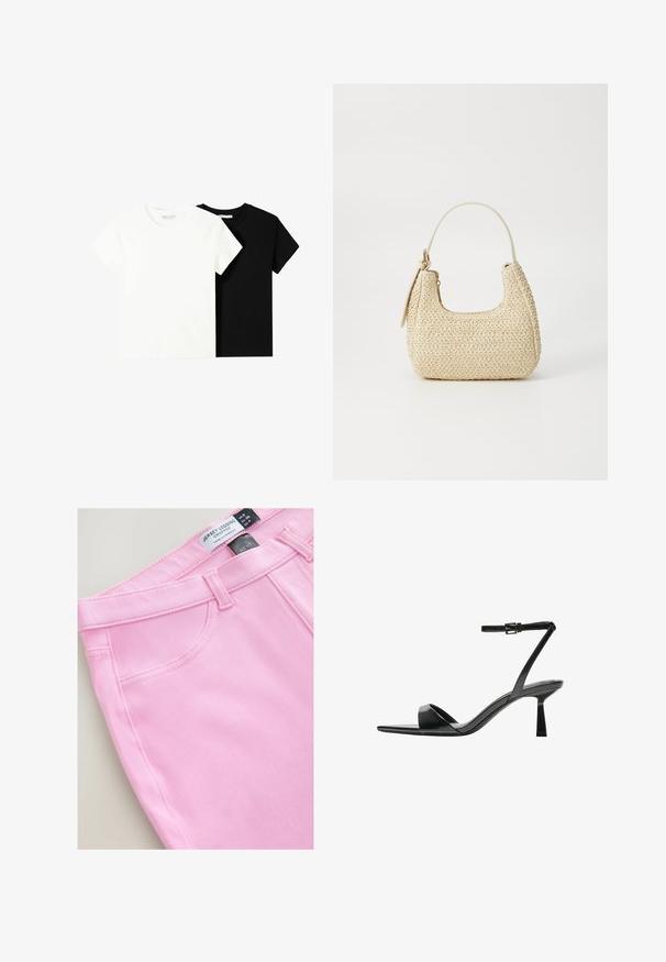 Két rövid ujjú póló, az egyik fehér, a másik fekete, pamutból készült. Mindkettő kerek nyakkivágással és egyszerű, klasszikus dizájnnal rendelkezik.; Rövidített rózsaszín trikó leggings, sima textúrával, standard derékpánttal és oldalsó zsebekkel. A címke megadja a méretet és a márkát.; Bershka Magas sarkú szandálok - black; Bézs színű, fonott szalmakézitáska ívelt formával, rövid fogantyúval és oldalsó cipzárral. Texturált felülettel és minimalista dizájnnal rendelkezik.