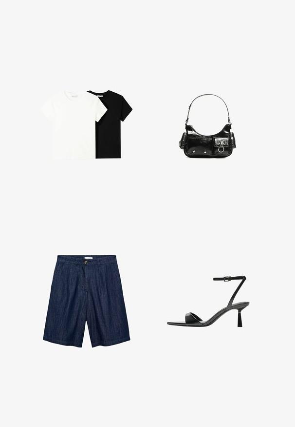 Due magliette a maniche corte, una bianca e una nera, realizzate in cotone. Entrambe presentano un colletto rotondo e un design semplice e classico.; Shorts in denim blu scuro con taglio dritto, pieghe frontali, chiusura a bottone e due tasche laterali. Tessuto liscio con cuciture sottili.; Bershka Sandali con tacco - black; Borsa a spalla in vernice nera con forma curvata, una tracolla, tasche frontali e dettagli in metallo argentato.