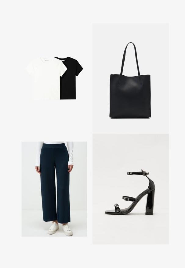 Zwei kurzärmelige T-Shirts, eines weiß und eines schwarz, aus Baumwolle. Beide haben einen runden Halsausschnitt und ein einfaches, klassisches Design.; Marinefarbene weit geschnittene Hosen aus geripptem Stoff, mit einem hohen Bund und lockerem Sitz, kombiniert mit weißen Sneakers.; Schwarze patentierte Sandalen mit Absatz, quadratischer Spitze, Knöchelriemen und silbernen Schnallen. Mit einem stabilen Blockabsatz für mehr Stabilität.; Schwarze Laptoptasche aus Leder mit glatter Textur, rechteckiger Form und zwei langen Griffen. Keine sichtbaren Beschläge oder Verzierungen.