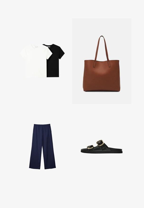 Kaksi lyhythihaista t-paitaa, yksi valkoinen ja yksi musta, valmistettu puuvillasta. Molemmissa on pyöreä kaula-aukko ja yksinkertainen, klassinen muotoilu.; Laivastonsinisiä leveälahkeisia housuja, jotka on valmistettu pehmeästä ja sileästä kankaasta. Ominaisuuksiin kuuluu joustava vyötärö ja kaksi sivutaskua.; Musta liukusandaali, jossa on kaksi kultaisesta solkesta tehtyä korostusta, sileäpintainen materiaali, litteä pohja ja minimalistinen muotoilu.; Ruskea nahkainen olkalaukku, jossa on sileä pinta, avoin yläosa ja kaksi olkahihnaa. Omaavat vain minimaalisen ompelun eikä näkyvää metalliosaa.