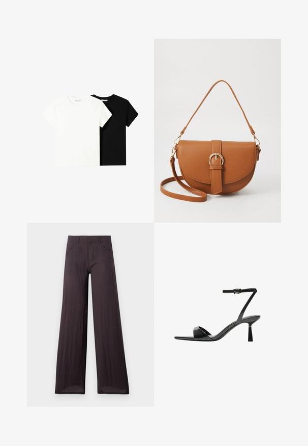 Két rövid ujjú póló, az egyik fehér, a másik fekete, pamutból készült. Mindkettő kerek nyakkivágással és egyszerű, klasszikus dizájnnal rendelkezik.; Sötétszürke, széles szárú nadrág könnyű, textúrált anyagból, sima felülettel, elülső zsebekkel és klasszikus derékpánttal.; Bershka Magas sarkú szandálok - black; Barna bőr keresztbody táska ívelt formával, aranyszínű fémrészekkel és csat díszítéssel. Levehető vállpánttal rendelkezik.