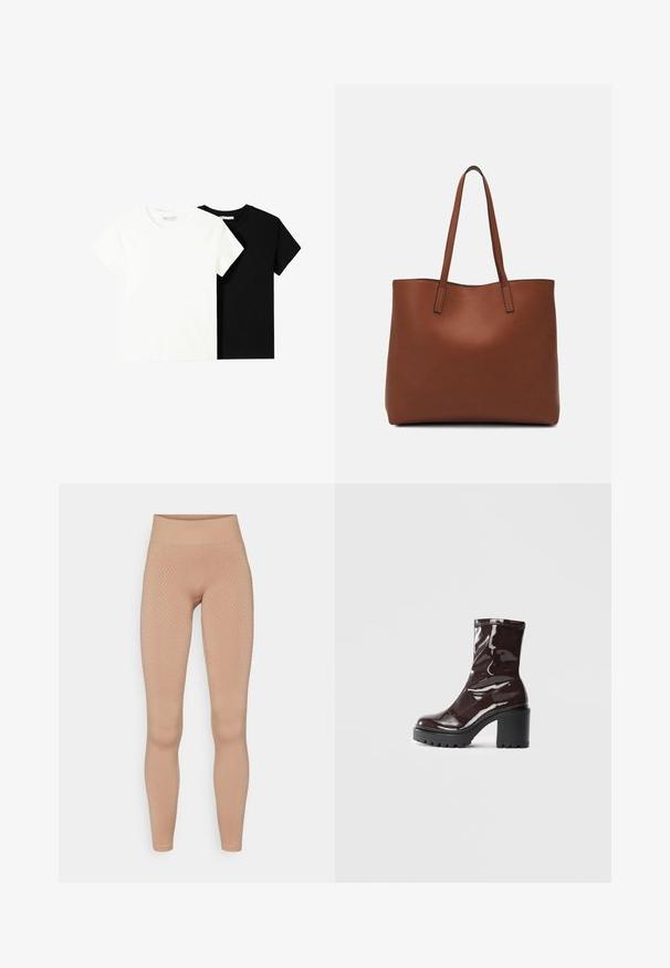 Két rövid ujjú póló, az egyik fehér, a másik fekete, pamutból készült. Mindkettő kerek nyakkivágással és egyszerű, klasszikus dizájnnal rendelkezik.; Bőr színű leggings, amely texturált, diamand alakú mintázattal és magas, rugalmas derékszíjjal rendelkezik a fokozott tartás és kényelem érdekében.; Fényes bordó bokacsizma vastag fekete sarokkal, sima felülettel és egyszerű dizájnnal. Nincsenek látható zárak vagy minták.; Barna bőr vászontáska sima textúrával, nyitott tetejű dizájnnal és két vállpánttal. Minimális varrással és látható hardver nélkül készült.