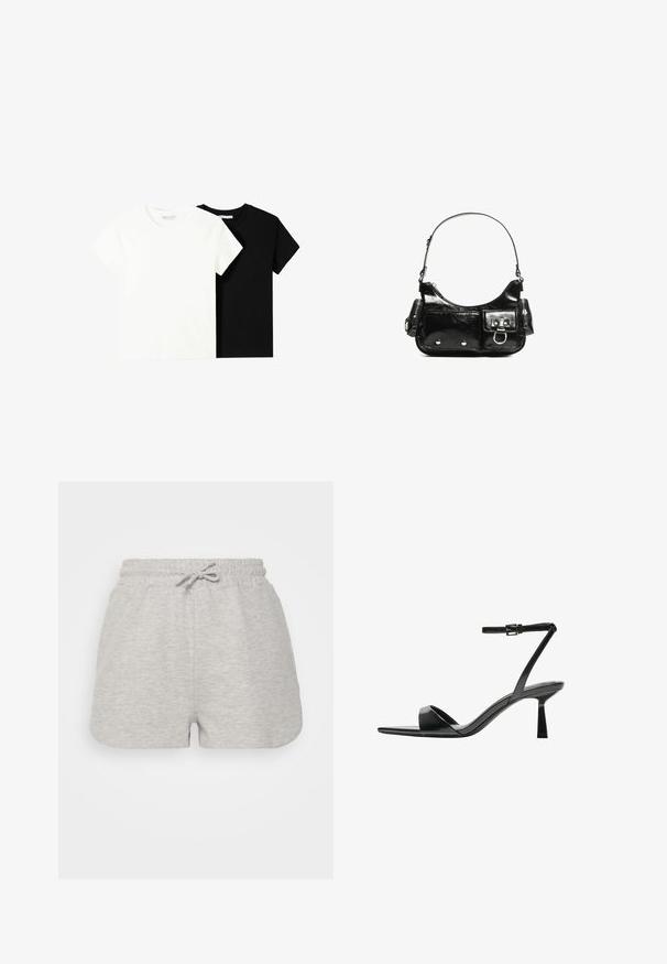Twee t-shirts met korte mouwen, één wit en één zwart, gemaakt van katoen. Beide hebben een ronde halslijn en een eenvoudig, klassiek ontwerp.; Even&Odd Shorts - mottled light grey; Bershka Sandalen met hoge hak - black; Zwarte laarzen in lakleer met een gebogen vorm, één schouderband, voorvakken en accenten in zilverkleurig metaal.