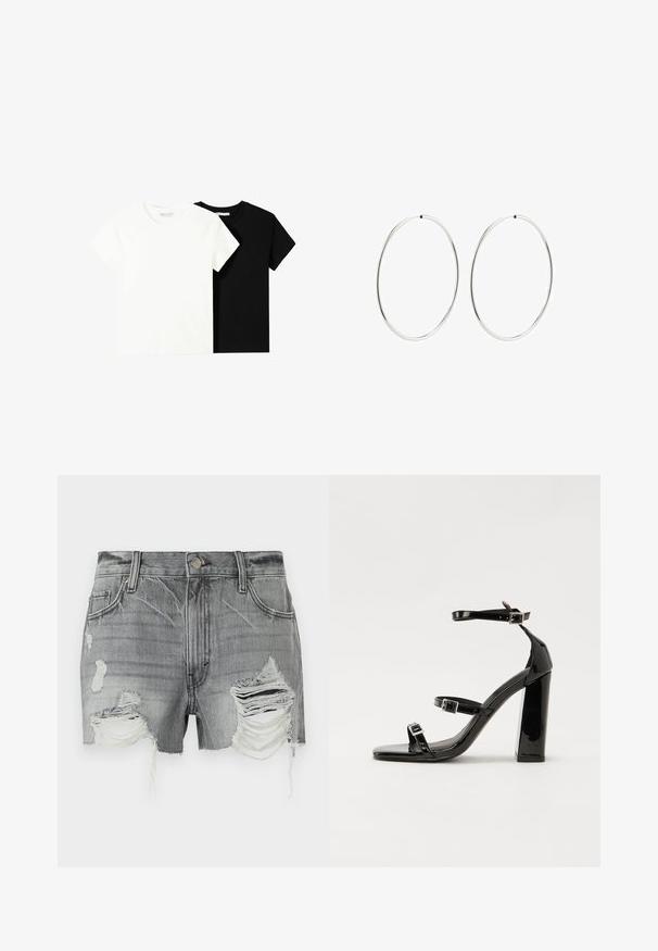 Two short-sleeve t-shirts, one white and one black, made of cotton. Both feature a round neckline and a simple, classic design.; Grey denim shorts featuring frayed hems and multiple distressed areas, with a button closure and two front pockets.; Black patent heeled sandals with a square toe, ankle straps, and silver buckles. Features a chunky block heel for stability.; Silver hoop earrings with a smooth, round design and a polished finish. They are thin and lightweight, featuring a simple clasp closure.