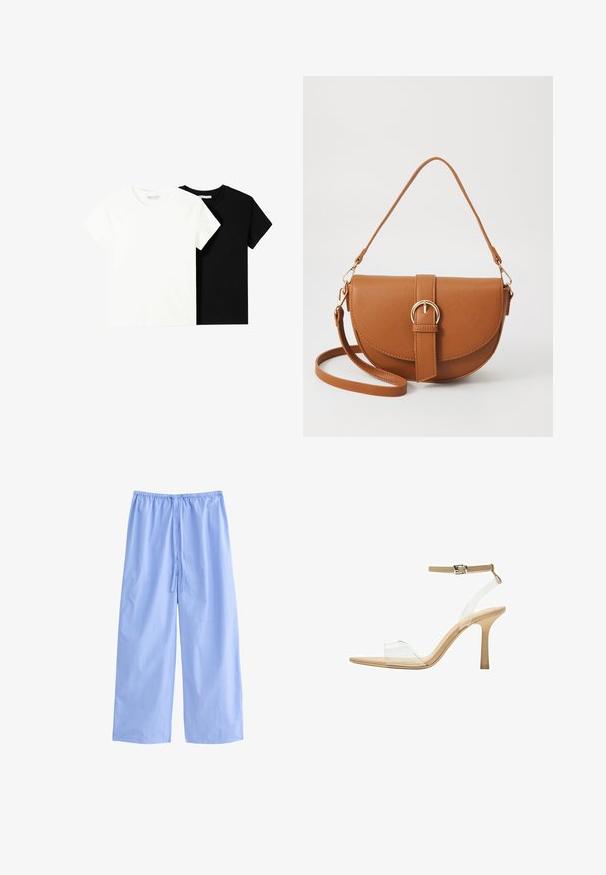 Zwei kurzärmelige T-Shirts, eines weiß und eines schwarz, aus Baumwolle. Beide haben einen runden Halsausschnitt und ein einfaches, klassisches Design.; Hellblaue, weit geschnittene Hose aus weichem Stoff mit vertikalen weißen Streifen. Mit einem elastischen Bund und einer Kordel zur Anpassung.; Durchsichtige Sandale mit transparentem Obermaterial, beigem Fußbett und einem schlanken Knöchelriemen. Sie hat eine spitz zulaufende Zehenpartie und einen dünnen, hohen Absatz.; Braune Leder-Crossbody-Tasche mit geschwungener Form, goldfarbenen Beschlägen und einer Schnallenakzentuierung. Verfügt über einen abnehmbaren Schultergurt.