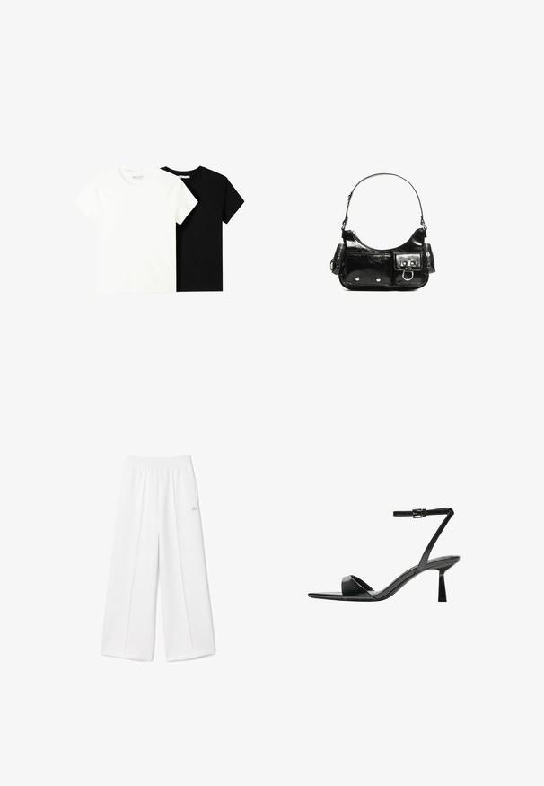 Zwei kurzärmelige T-Shirts, eines weiß und eines schwarz, aus Baumwolle. Beide haben einen runden Halsausschnitt und ein einfaches, klassisches Design.; Weiße weit geschnittene Hose mit einem elastischen Bund, weichem Stoffgefühl, mittleren Falten und einem kleinen aufgestickten Lacoste-Logo an der Seite.; Bershka High Heel Sandalette - black; Schwarze Lackleder-Handtasche mit geschwungenem Design, einem Schulterriemen, Vordertaschen und silberfarbenen Hardware-Akzenten.