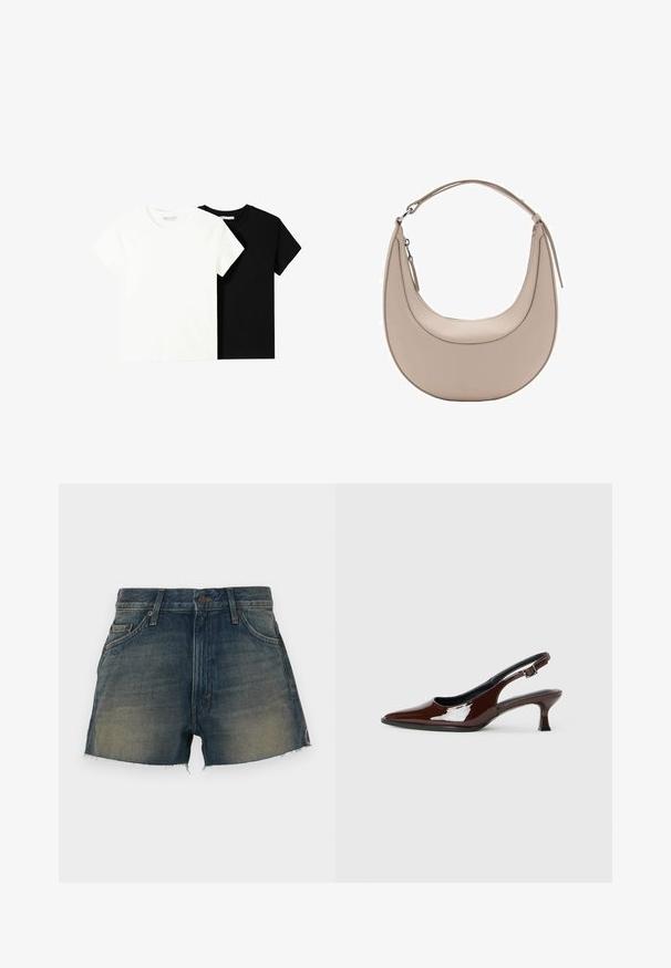 Dve tričko s krátkym rukávom, jedno biele a jedno čierne, vyrobené z bavlny. Obe majú okrúhly výstrih a jednoduchý, klasický dizajn.; Džínové šortky v tmavomodrej farbe s blednutím. Obsahujú zapínanie na gombík, päť vreciek a strapcovaný lem. Nerovné okraje pridávajú textúru.; Hnedá lakovaná slingback obuv s špicatou špičkou a mierne vysokým opätkom. Obsahuje pracku pre bezpečné upevnenie. Hladká textúra.; Béžová kožená taška cez rameno s polkruhovým tvarom, hladkou textúrou a jedným zakriveným uchom. Obsahuje zipsové uzatváranie a úhľadné švy.