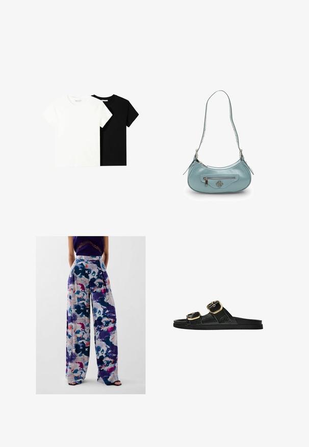 Twee t-shirts met korte mouwen, één wit en één zwart, gemaakt van katoen. Beide hebben een ronde halslijn en een eenvoudig, klassiek ontwerp.; Zijde-brede broek met een kleurrijke abstracte print in tinten paars, blauw, roze en wit, met een hoge taille en geplooid ontwerp.; Zwarte slipper met twee gouden gesps, gladde textuur, platte zool en een minimalistisch ontwerp.; Lichtblauwe leren schoudertas met een gebogen vorm, een ritsvak aan de voorkant, hardware in zilvertint en een verstelbare band met decoratieve accenten.