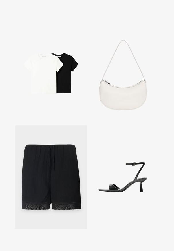 Két rövid ujjú póló, az egyik fehér, a másik fekete, pamutból készült. Mindkettő kerek nyakkivágással és egyszerű, klasszikus dizájnnal rendelkezik.; Fekete, textúrált anyagból készült rövidnadrág, elasztikus derékkal és megkötővel, lágy csipke díszítéssel az alján.; Bershka Magas sarkú szandálok - black; PULL&BEAR HALF MOON - Kézitáska - white