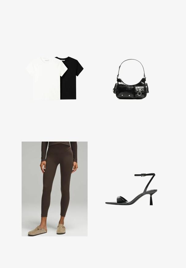 Deux t-shirts à manches courtes, l'un blanc et l'autre noir, en coton. Les deux présentent un col rond et un design simple et classique.; Leggings marron taille haute en tissu extensible, à la coupe ajustée avec une texture lisse, assortis à des sabots beiges décontractés.; Bershka Sandales à talons hauts - black; Sac à main en cuir verni noir avec une forme incurvée, une bandoulière, des poches avant et des accents en métal argenté.