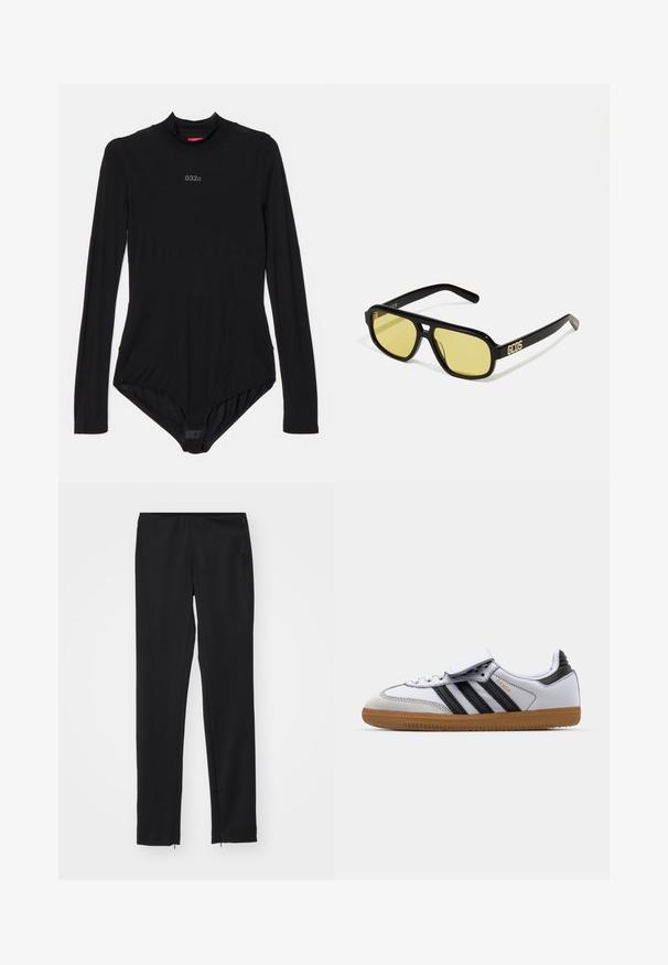 Musta pitkähihainen body, joka on valmistettu joustavasta kankaasta. Siinä on korkea kaula-aukko, hienostunutta brändäystä rinnassa ja napit alhaalla.; Mustat, kapeat housut elastisella vyötäröllä, sileä pinta ja vetoketjuyksityiskohdat helmassa. Valmistettu kevyestä kankaasta.; Valkoiset nahkakengät mustilla raidoilla ja harmailla yksityiskohdilla, joissa on pyöreä kärki ja kumipohja. Tarranauha ja nauhakiristys.; GCDS UNISEX - Aurinkolasit - shiny black