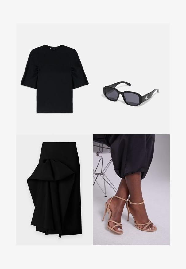 Black short-sleeve top with wide, flared sleeves and a round neckline, displayed on a white background.; White asymmetrical dress with multiple layered ruffles cascading down the front and extending longer on one side, no visible patterns.; Black skirt made of smooth fabric, featuring an oversized draped design on one side, forming a high-low hemline.; Beige heeled sandals with crystal embellishments, featuring an open toe, thin straps, and a sleek silhouette.; Black sunglasses with an octagonal frame, dark lenses, glossy plastic material, and a silver logo accent on one side.