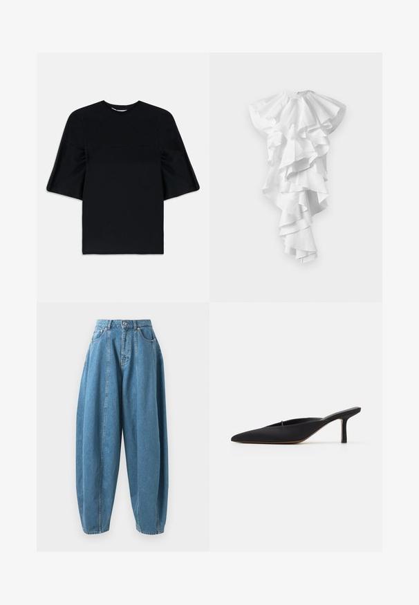 Black short-sleeve top with wide, flared sleeves and a round neckline, displayed on a white background.; White asymmetrical dress with multiple layered ruffles cascading down the front and extending longer on one side, no visible patterns.; High-waisted, loose-fit blue denim jeans with pleats, front pockets, belt loops, and a button-and-zipper closure.; Black pointed-toe mule with a sleek design, made of smooth fabric, featuring a slender heel and open back for easy wear.