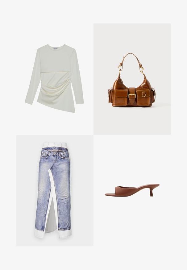 Dolga rokavi krema majica z okroglo ovratnikom, ki ima večplastno zasnovo in nabran detajl na spodnjem delu. Mehka tkanina z gladko teksturo.; Jeanskrilo z fotografskim tiskom jeansov na belem blagu. Ima standardni pas, bočni razporek in podrobno šivanje na žepih.; Rjave odprte sandalje s peto z gladko, mat površino, ki imajo ukrivljen dizajn in prozorno, zoženo peto.; Rjava usnjena torbica s ukrivljeno obliko, dvojno zlato obarvano kovinsko okovje, dva sprednja žepa in širok pas. Gladka tekstura z elegIntnim videzom.