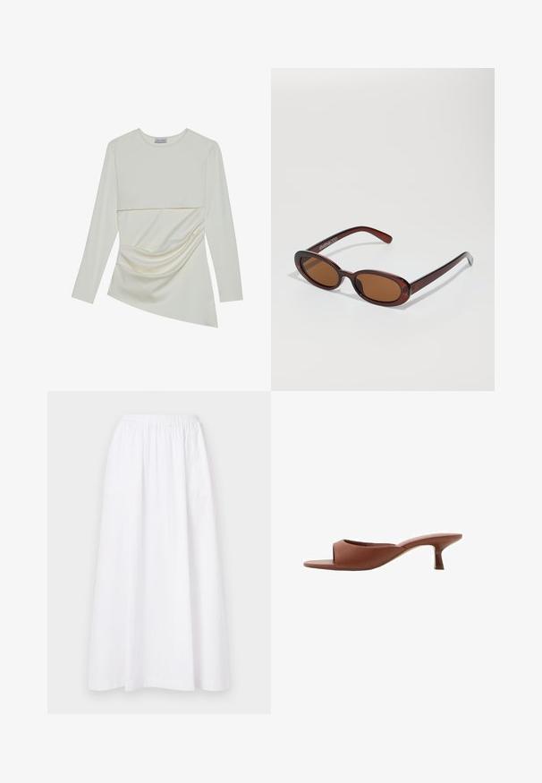 Dolga rokavi krema majica z okroglo ovratnikom, ki ima večplastno zasnovo in nabran detajl na spodnjem delu. Mehka tkanina z gladko teksturo.; Bela krila do kolen z elastičnim pasom, preproste zasnove in lahkega materiala, z gladko, enostavno teksturo.; Rjave odprte sandalje s peto z gladko, mat površino, ki imajo ukrivljen dizajn in prozorno, zoženo peto.; Okrogle, rjavo obarvane sončne naočare z sijočim burgundskim okvirjem. Tanek nosilec s subtilnim logotipom. Oblika leč je ravna.; Rjava usnjena torba z dvema ročajema, zlatimi kovinskimi detajli in strukturirano zasnovo. Ima osrednjo preklopno zanko z detajlom zanko.