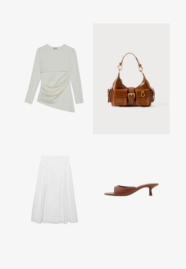 Langärmliges cremefarbenes Oberteil mit Rundhalsausschnitt, das ein geschichtetes Design und Raffung im unteren Bereich aufweist. Weicher Stoff mit glatter Textur.; Weißer Midi-Rock aus Baumwolle mit glatter Textur, gerafften Details an den Seiten und einem taillierten Bund für eine fließende Silhouette.; Braune offene Absatzmules mit glatter, matter Oberfläche, die ein geschwungenes Design und einen transparenten, verjüngten Absatz aufweisen.; Braune Lederhandtasche mit geschwungener Form, doppelter goldfarbener Hardware, zwei Fronttaschen und einem breiten Tragegurt. Glatte Textur mit elegantem Finish.