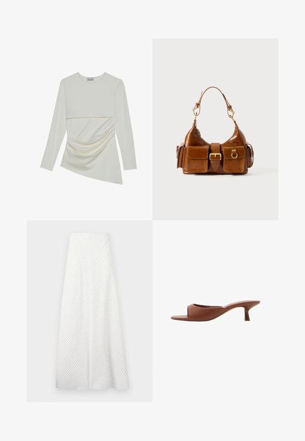 Dolga rokavi krema majica z okroglo ovratnikom, ki ima večplastno zasnovo in nabran detajl na spodnjem delu. Mehka tkanina z gladko teksturo.; Bela krilo s diagonálnimi mornarsko modrimi črtami, tekočim dizajnom in gladko teksturo. Ima visok pas in obsežen, A-linijski kroj.; Rjave odprte sandalje s peto z gladko, mat površino, ki imajo ukrivljen dizajn in prozorno, zoženo peto.; Rjava usnjena torbica s ukrivljeno obliko, dvojno zlato obarvano kovinsko okovje, dva sprednja žepa in širok pas. Gladka tekstura z elegIntnim videzom.