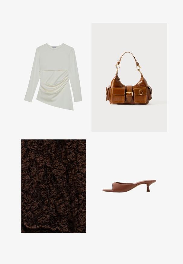 Kremowa bluzka z długim rękawem i okrągłym dekoltem, z warstwowym krojem i marszczonym detalem w dolnej części. Miękki materiał o gładkiej fakturze.; Teksturowana brązowa tkanina z pomarszczonym wzorem, charakteryzująca się miękką, puszystą powierzchnią i różną głębokością, odpowiednia do odzieży lub tekstyliów domowych.; Brązowe klapki na obcasie z odsłoniętymi palcami, o gładkim, matowym wykończeniu, z zakrzywionym kształtem i przezroczystym, zwężającym się obcasem.; Brązowa skórzana torba o zaokrąglonym kształcie, z podwójnymi elementami z złoconego metalu, dwoma przednimi kieszeniami oraz szerokim paskiem. Gładka faktura o eleganckim wykończeniu.