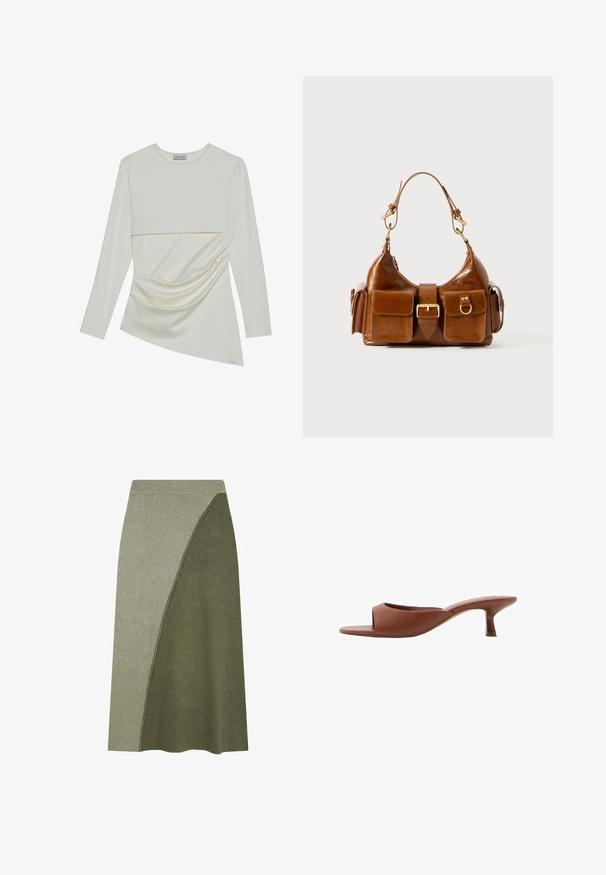 Long-sleeve cream top with a round neckline, featuring a layered design and gathered detail on the lower section. Soft fabric with a smooth texture.; Olive green skirt in a medium-length A-line cut, featuring a textured fabric with a diagonal split design in a lighter shade.; Brown open-toe heeled mules with a smooth, matte finish, featuring a curved design and a transparent, tapered heel.; Brown leather handbag with a curved shape, dual gold-tone hardware, two front pockets, and a wide strap. Smooth texture with a sleek finish.