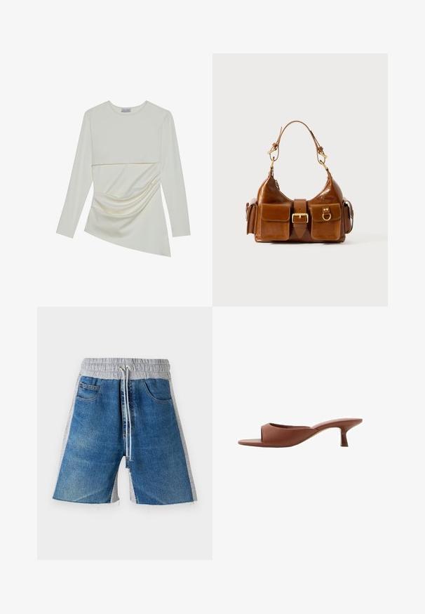 Hladký krémový top s dlhým rukávom a okrúhlym výstrihom, ktorý má vrstvený dizajn a naberanú časť v dolnej časti. Mäkká látka s jemnou textúrou.; Džínové šortky s šedým elastickým pásom, vybavené šnúrkou na stiahnutie. Dizajn obsahuje bočné vrecká a vzhľad v dvoch farbách.; Hnedé sandále na vysokom opätku s otvorenou špičkou, s hladkým, matným povrchom, so zakriveným dizajnom a priehľadným, zužujúcim sa opätkom.; Hnedá kožená kabelka s zakriveným tvarom, dvojitým zlatým kovovým doplnkom, dvoma prednými vreckami a širokým popruhom. Hladká textúra s elegantným vzhľadom.
