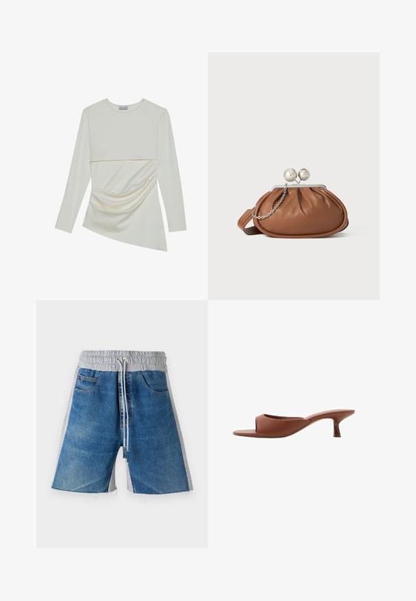 Hladký krémový top s dlhým rukávom a okrúhlym výstrihom, ktorý má vrstvený dizajn a naberanú časť v dolnej časti. Mäkká látka s jemnou textúrou.; Džínové šortky s šedým elastickým pásom, vybavené šnúrkou na stiahnutie. Dizajn obsahuje bočné vrecká a vzhľad v dvoch farbách.; Hnedé sandále na vysokom opätku s otvorenou špičkou, s hladkým, matným povrchom, so zakriveným dizajnom a priehľadným, zužujúcim sa opätkom.; Hnedá kožená kabelka s strieborným guľovým zapínaním a malým strieborným reťazom na bielom pozadí.